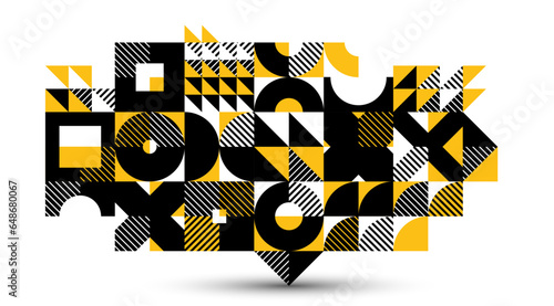 Abstract geometric vector background, modular tiling stripy art with circles and other shapes, retro style artistic motif isolated.