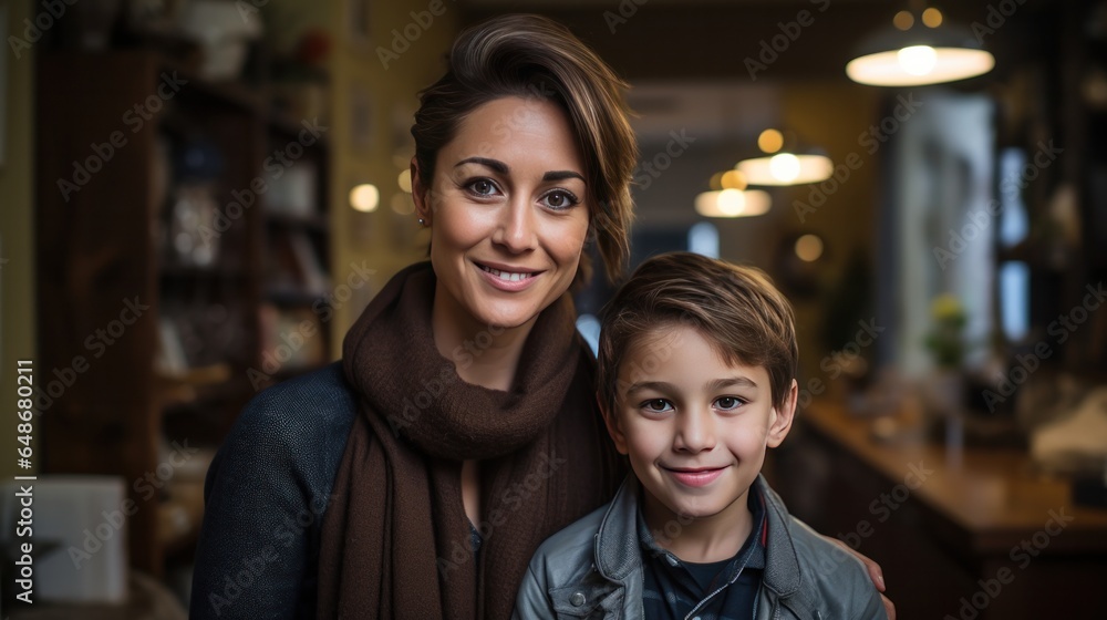 Mother and son pose together Mother and son pose together