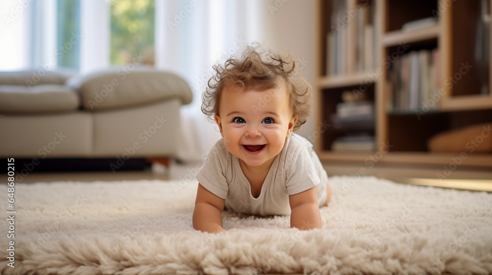 Cute baby crawling on floor carpet in a cozy living room with shiny eyes Cute baby crawling on floor carpet in a cozy living room with shiny eyes