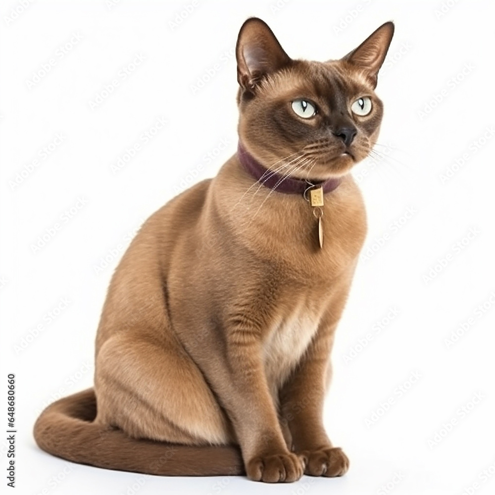 Cute Burmese breed cat portrait close-up isolated on white, lovely pet, blue eyes
