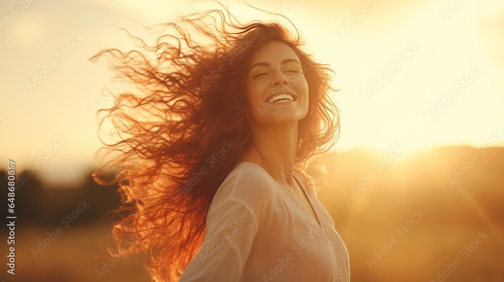 Free Upbeat Lady Getting a charge out of Nature Excellence Young lady Open air Flexibility concept Magnificence Young lady over Sky and Sun Sunbeams Delight - obrazy, fototapety, plakaty 