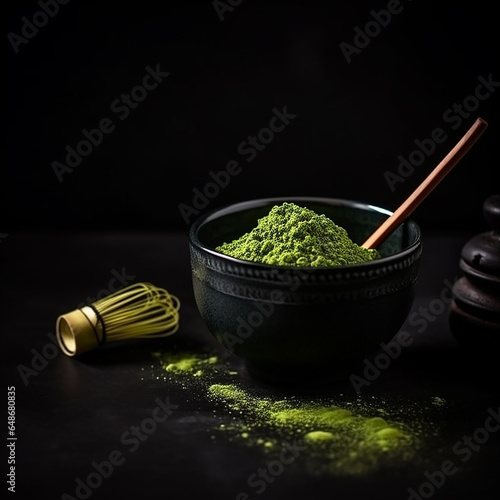 Matcha green tea on a black background, close-up, healthy foods, drinks, food background