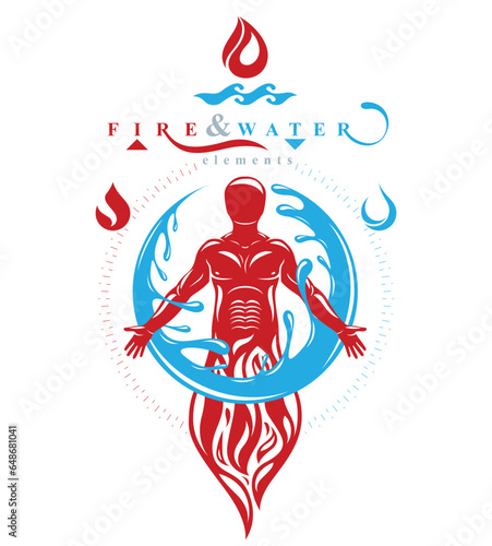 Vector illustration of human being standing, mythic ancient god. Prometheus surrounded by a water ball, water and fire diversity and harmony.
