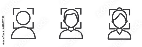 Facial scanner sign, Personal biometric data, Secure identity verification systems icon vector set in thin line style, Face identify pictogram. Vector set of biometric