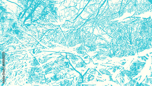 Vector abstract dirty grunge background with tree branches chaotic tangled in winter with snow on it.