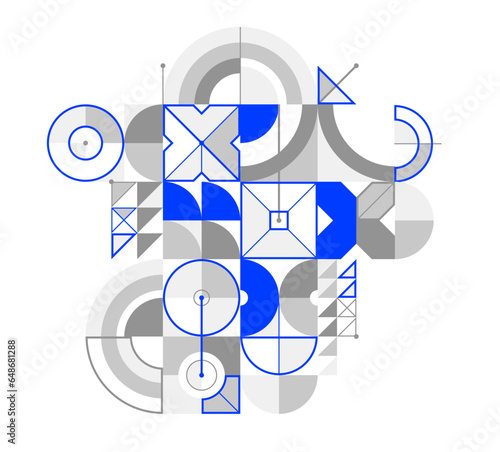 Abstract vector Bauhaus geometric background, tech engineering look like shapes and lines composition, mechanical engine industry style, network and digital data.