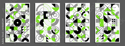 Abstract geometric posters and covers set, vector background pattern magazine or catalog templates, technic style geometric shapes composition.