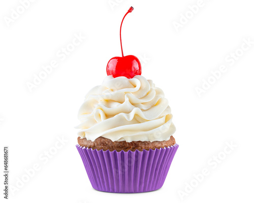 Cupcake. Birthday cupcake with cherry on top. Happy Birthday. Tasty baking cupcakes, cake or muffin with white cream icing, frosting. Bakery, confectionery. Purple cup liners. Isolated background