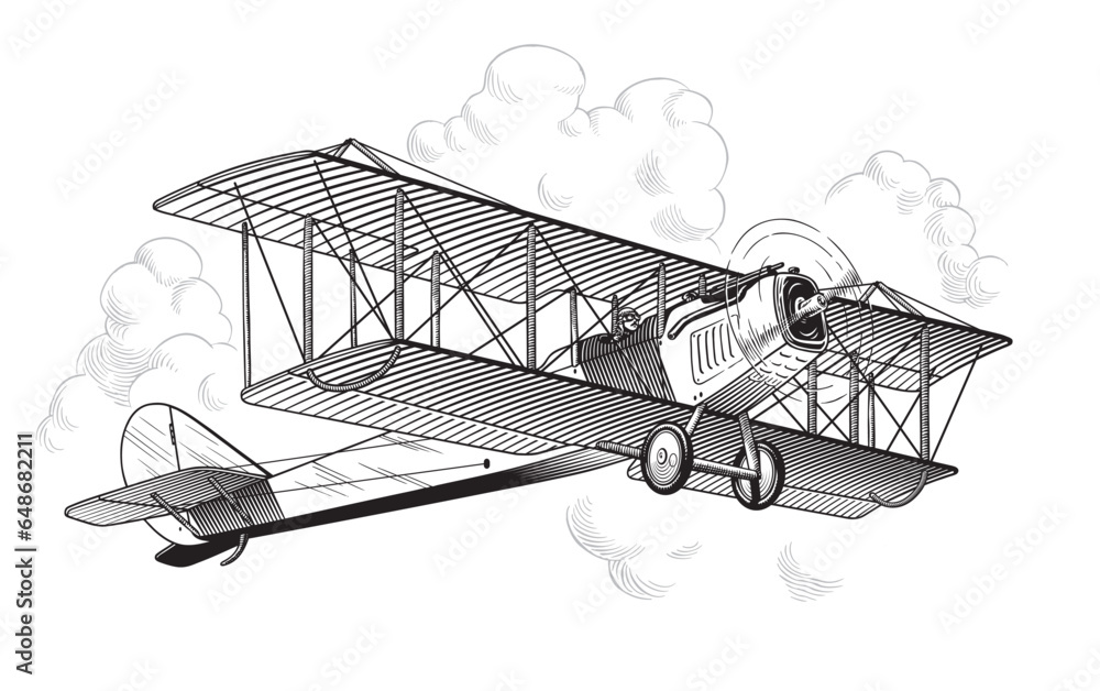 Retro airplane, vintage biplane in the cloudy sky. High detailed engraving style vector illustration. - obrazy, fototapety, plakaty 