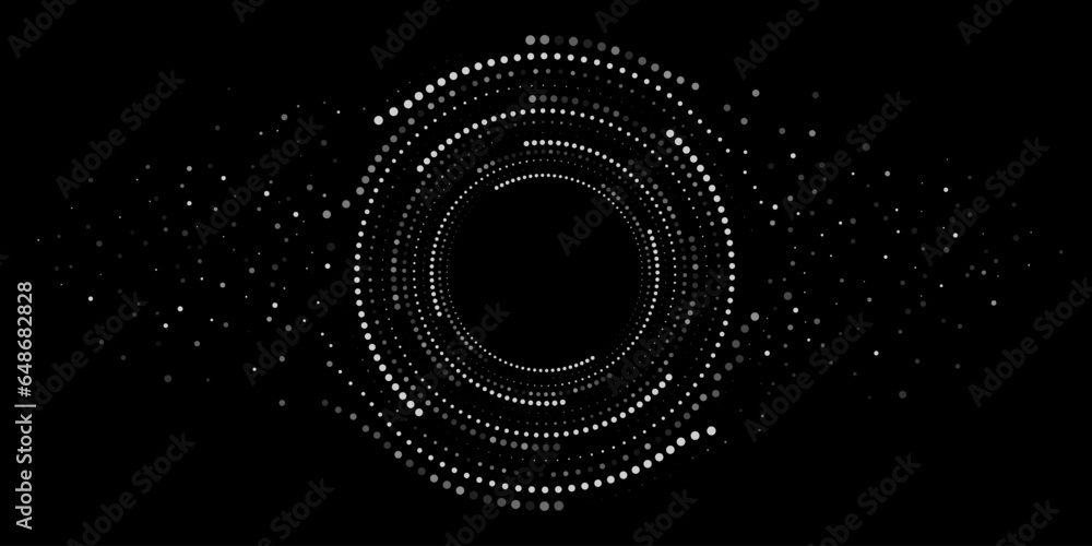 Digital circles of white particles. Big Data visualization into cyberspace. Network Information Decay. Futuristic background. Vector illustration.