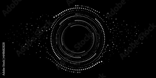 Digital circles of white particles. Big Data visualization into cyberspace. Network Information Decay. Futuristic background. Vector illustration.