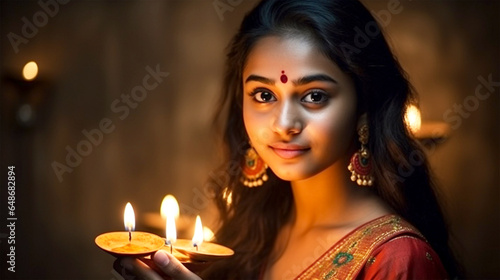 beautiful hindu indian woman lighting diya on Diwali