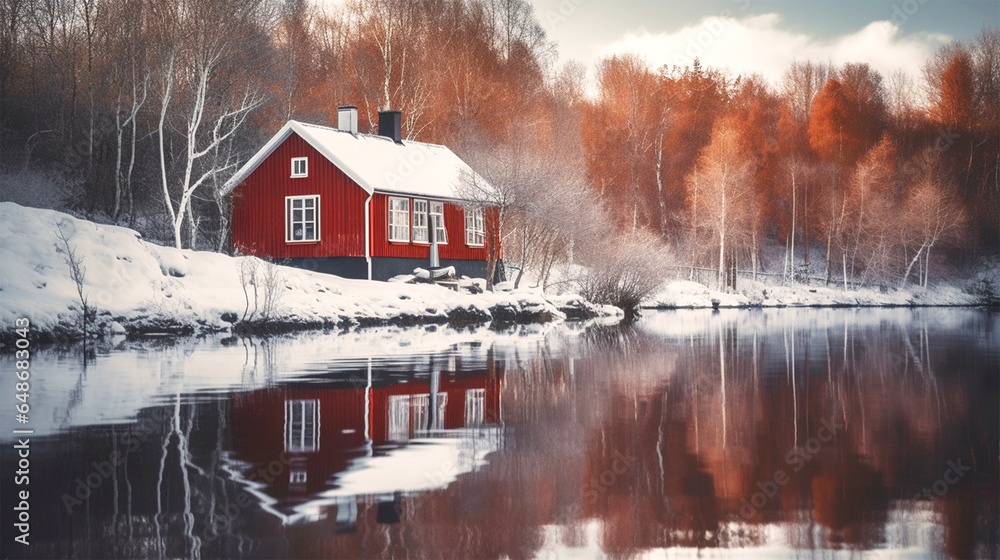 simple scandinavian house in snowy landscape simple scandinavian house in snowy landscape