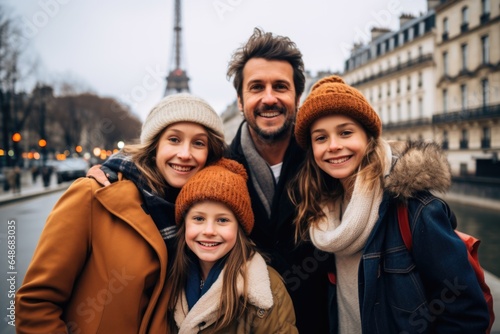 Portrait of a happy young caucasian family taking a photo in Paris France