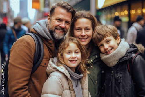 Portrait of a happy young Caucasian family taking a photo during winter in New York City