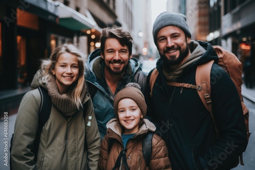 Portrait of a happy young Caucasian family taking a photo in the city
