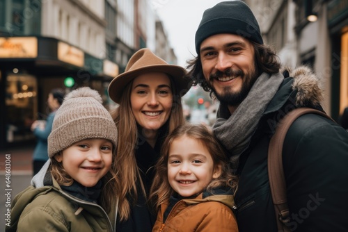 Portrait of a happy young Caucasian family taking a photo in the city