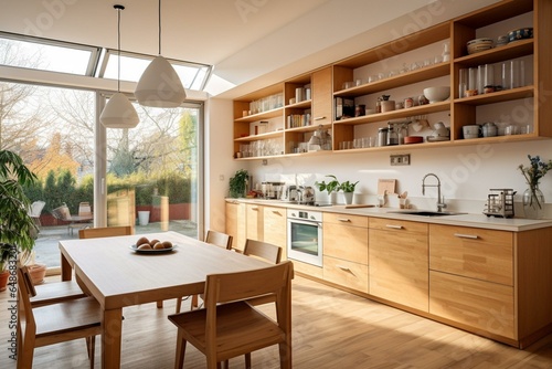 Modern kitchen with wooden furniture & bright dining space. Generative AI