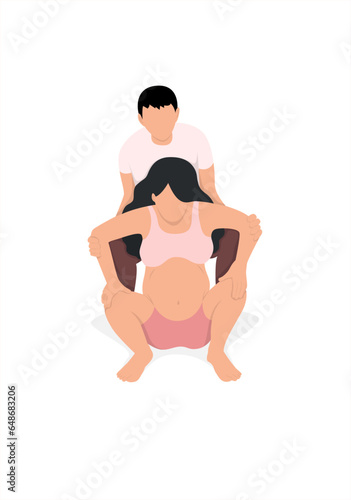 pregnant woman and her partner in the Squatting with Partner birthing position.