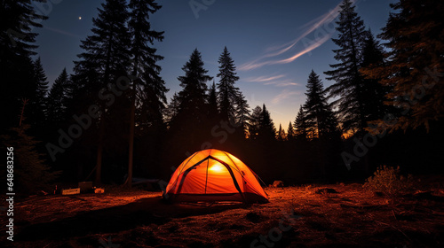 cozy, dome tent, illuminated from within, set amidst towering pine trees at twilight, embers glowing in a nearby campfire, stars peaking through the sky