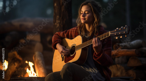 young woman sitting on a log by a campfire, playing an acoustic guitar, her face illuminated by the soft glow of the fire, pine forest background
