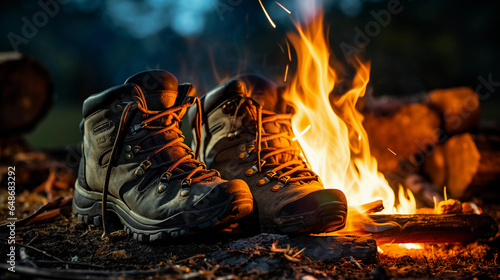 worn hiking boots next to a lit camp stove, boiling a small pot of water, the glowing embers of a dying campfire in the background