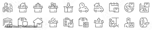 Moving services, thin line icon set. Symbol collection in transparent background. Editable vector stroke. 512x512 Pixel Perfect.