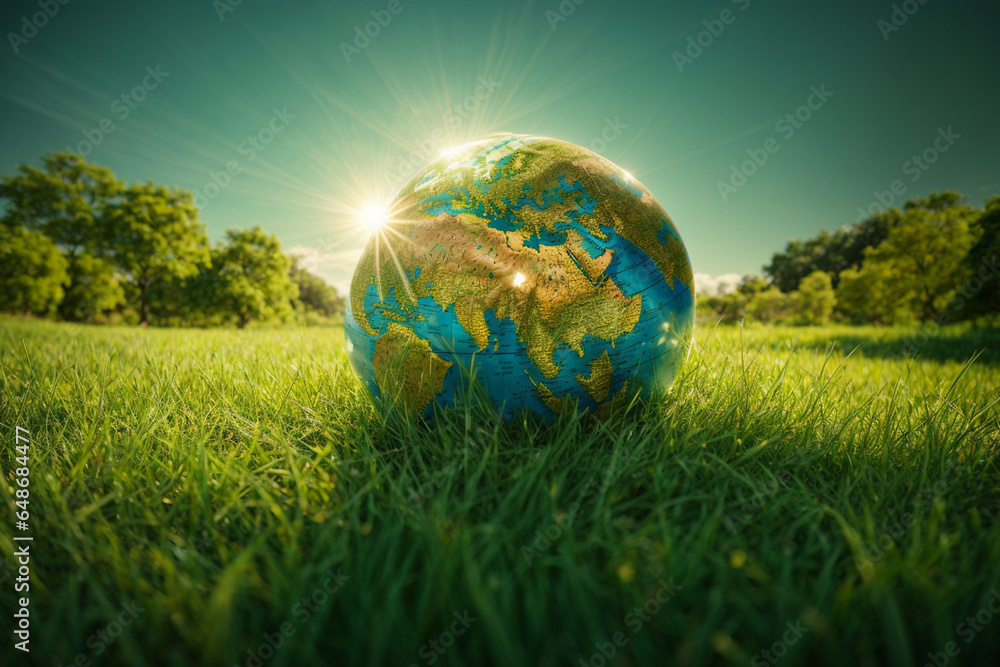 A 3D rendering of a person standing in front of a globe, with a thin layer of Ozone surrounding it, with a single ray of light shining 