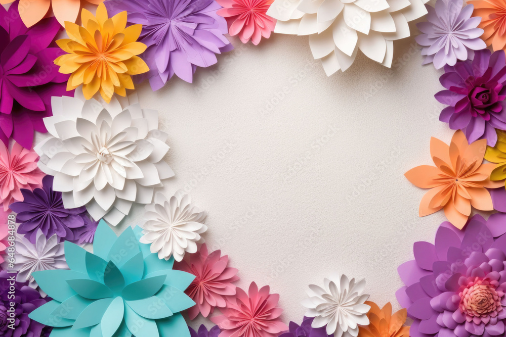 Colorful flowers made of paper with white sheet of paper. Frame in flowers. Mockup. Generative AI