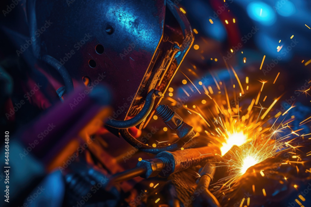 A macro close up of a gas arc welder with sparks of light flying in the air. Generative AI