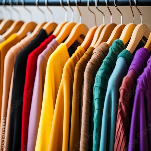 Row of different colorful t-shirts hanging on a rack, by AI Generated.