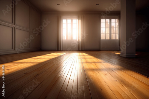 Living room with sunlight shine through a sliding door  wooden floor  gray wall. Generative AI
