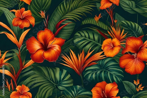 Generate a tropical oasis-themed wallpaper portraying exotic flowers in a lush paradise - AI Generative © hani