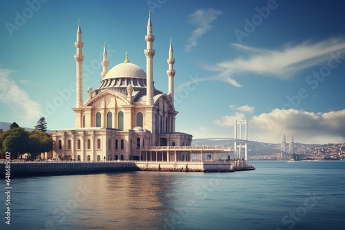 Ortakoy mosque with Bosphorus bridge behind. Generative AI photo