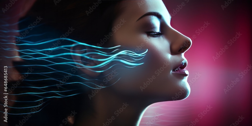 Woman Engaging in a Conversational Dialogue with Sound Waves Projected Onto Her Face, Representing the Intersection of Technology and Vocal Communication Woman Engaging in a Conversational Dialogue with Sound Waves Projected Onto Her Face, Representing the Intersection of Technology and Vocal Communication