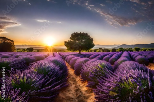 lavender field in sunset with a big tree - AI Generative