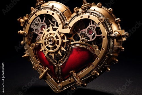 Steampunk-inspired broken heart with mechanical parts, symbolizing love, Valentine's Day, and the concept of a broken relationship. Generative AI