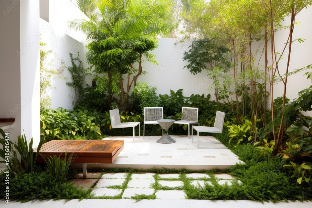 A beautifully landscaped garden with lush green grass, colorful flowers, and modern outdoor furniture provides a peaceful and relaxing outdoor living space.