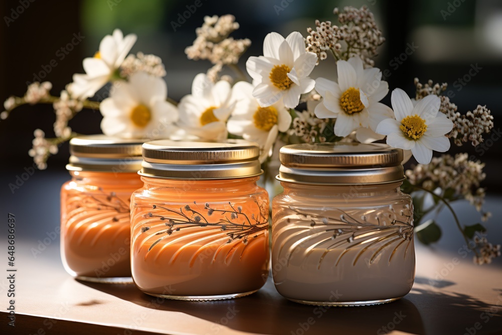 Cosmetic cream in glass jars with flowers on table, closeup. Jars of natural cosmetic cream with flowers on table, closeup - obrazy, fototapety, plakaty 