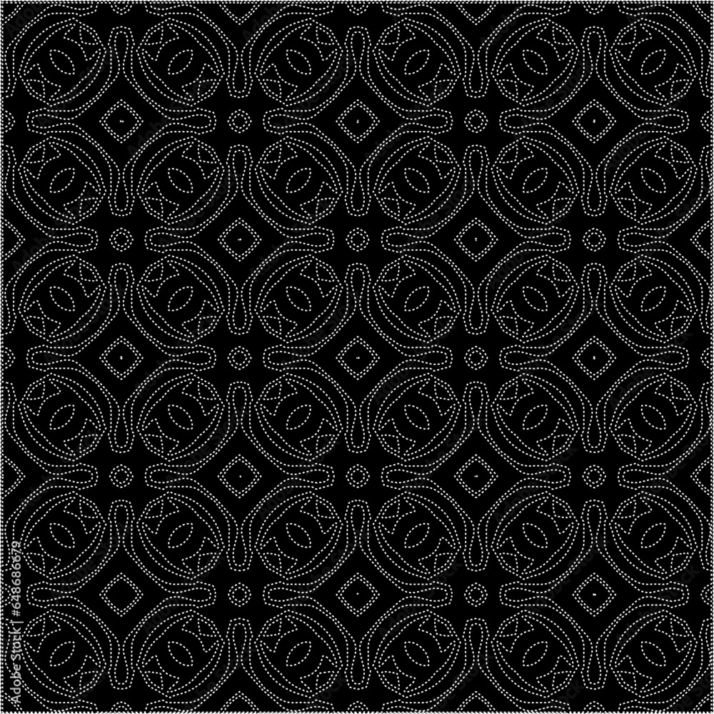 Black background with figures from dots . Black and white pattern for web page, textures, card, poster, fabric, textile. Repeating design. Black background with figures from dots . Black and white pattern for web page, textures, card, poster, fabric, textile. Repeating design.
