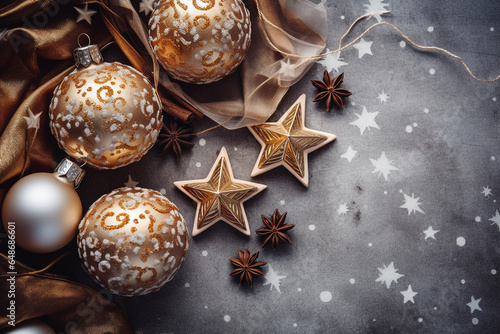 Warm star-shaped light garlands, festive decorations with copy space. Christmas concept. Flat lay, top view