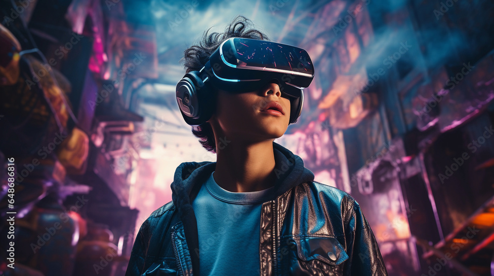 Teenager wearing a vr headset in neon futuristic city background, experiencing virtual reality