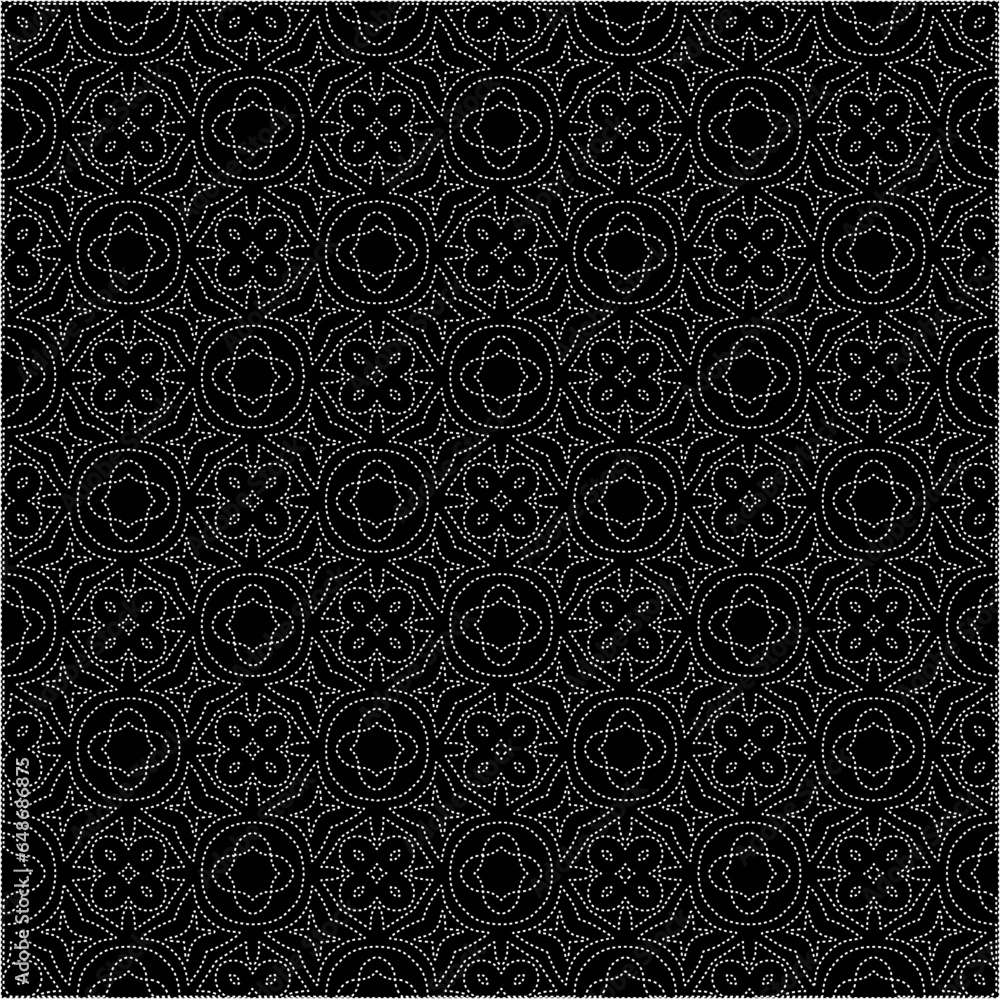Black background with figures from dots . Black and white pattern for web page, textures, card, poster, fabric, textile. Repeating design. Black background with figures from dots . Black and white pattern for web page, textures, card, poster, fabric, textile. Repeating design.
