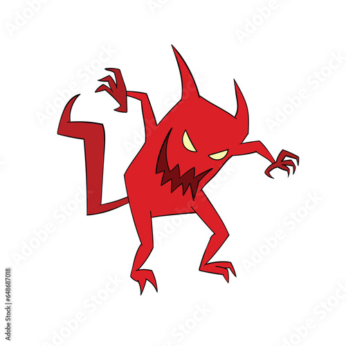 A hand-drawn cartoon red devil with horns on a white background. Halloween concept.