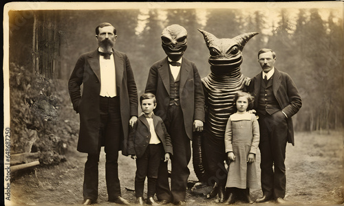 Science and mysteries concept, ancient portrait of past alien monsters in contact with humans