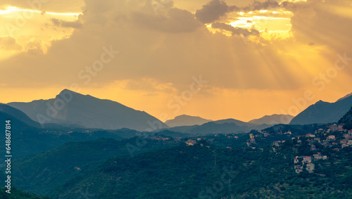 Mountain village in sunset