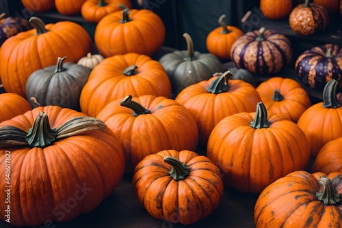 Colorful pumpkins and gourds on autumn market. Generative AI