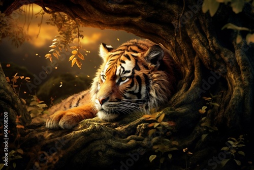 A tiger snoozing beneath a tree, portrayed through digital art. Generative AI