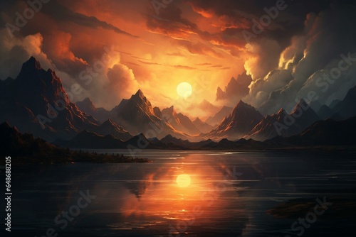 Sunset over mountains and lake. Generative AI