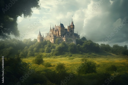 A majestic castle amidst lush vegetation, portrayed in a matte painting. Generative AI